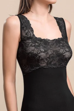 Damen-Tanktop mit elastischen Spitzeneinsätzen an den Schultern – Wolle und Baumwolle