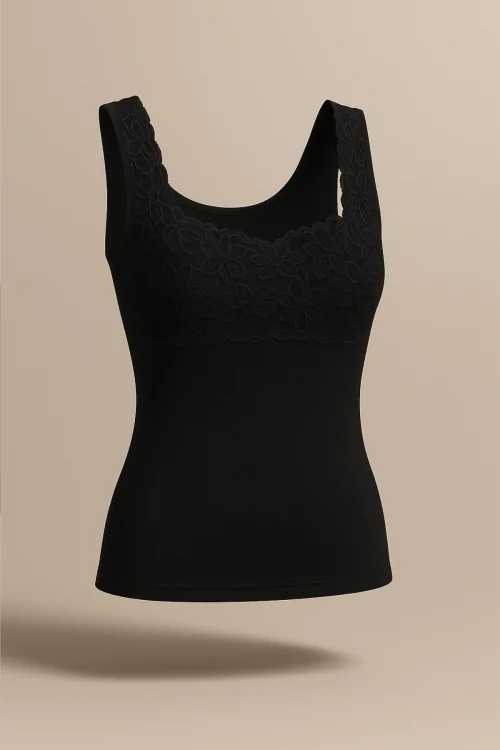 Damen-Tanktop mit elastischen Spitzeneinsätzen an den Schultern – Wolle und Baumwolle