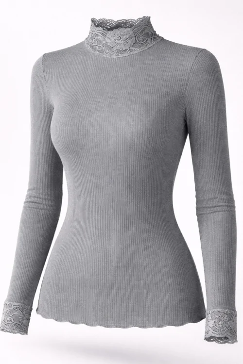 Cálido jersey de cuello alto con elegante cuello de encaje – LadyC